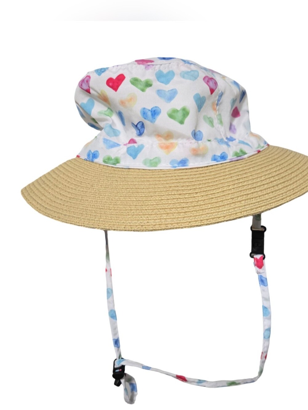 Kids Multi-Heart Sun Hat with Straw Brim - White/Multi Beach Summer Vibes Pool